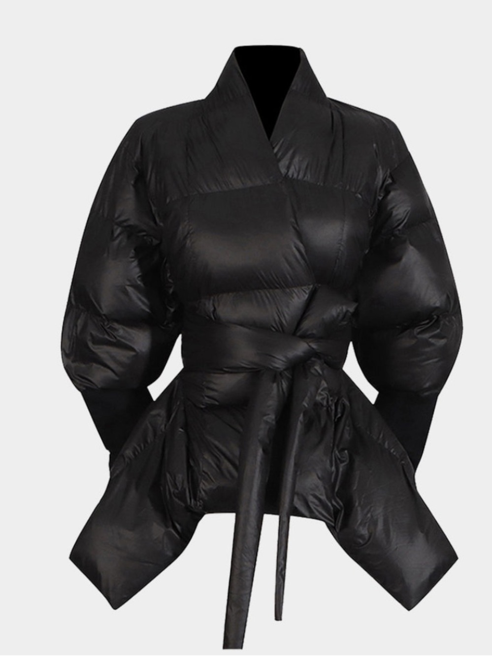 Black Wrap Puffer Coat with Tie Waist